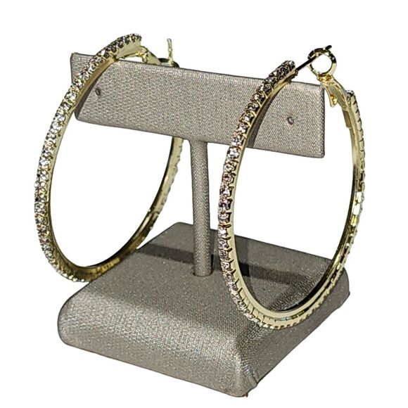 Bohemian Style Gold Plated Round Pave Rhinestone Oversized‎ Hoop Earrings 1.9in - Picture 14 of 16